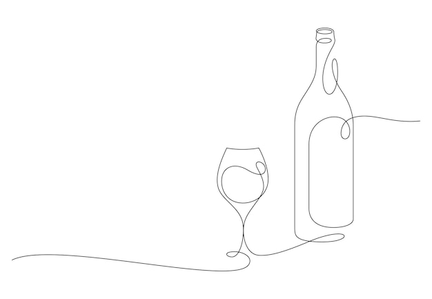 Minimalismo do vinho arte de linha fina vidro contínuo e ilustração de garrafa