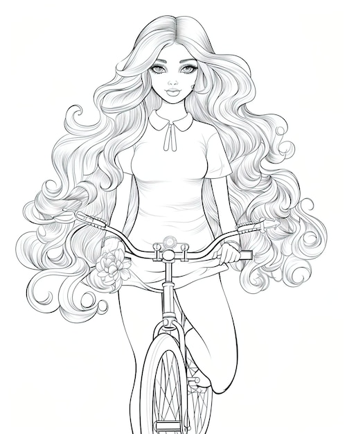 Minimalismo esboço mulher bonita longo cabelo loiro olhos grandes bicicleta livro para colorir