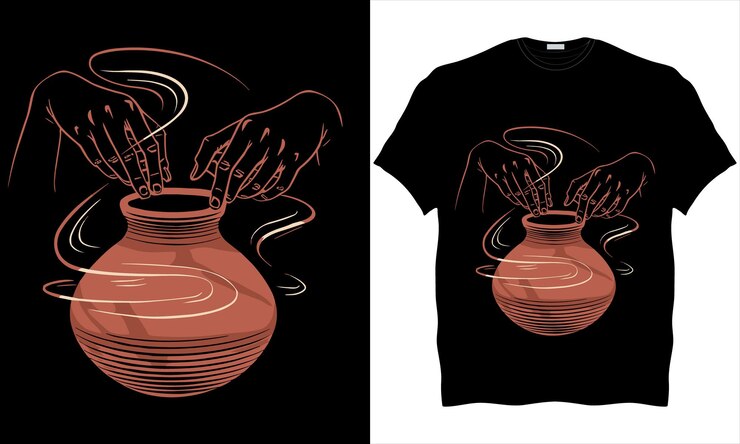 Minimalista Cerâmica Arte T-Shirt Design com Mão jogando argila em um fundo preto