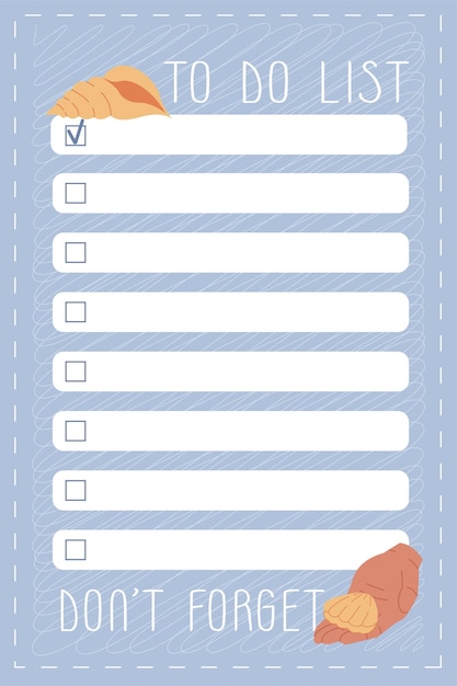Minimalista Lista de tarefas Lista de tarefas com mão e conchas de mar Ilustrações de decoração Lista de verificação Col azul