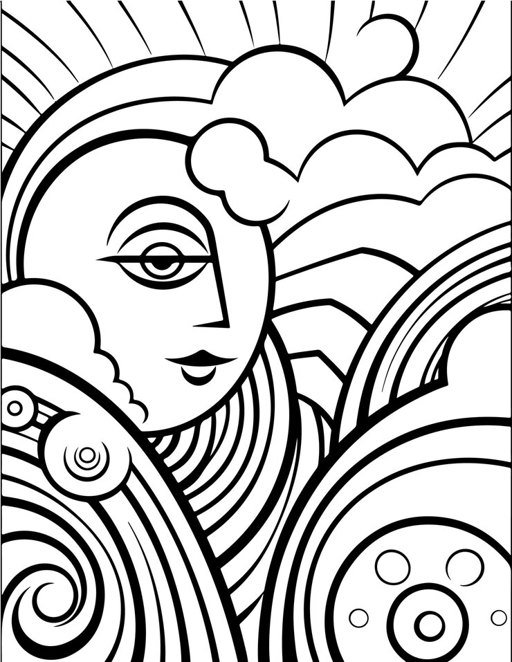Vetor minimalista mindfulness página de coloração relaxante página de colagem com paisagem de animais do céu e outros