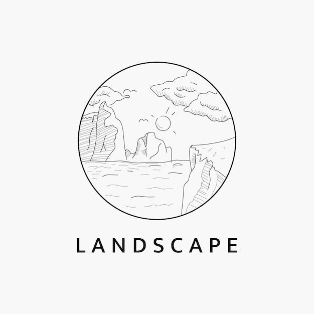 Vetor minimalista paisagem de praia logotipo linha de arte ilustração modelo de design