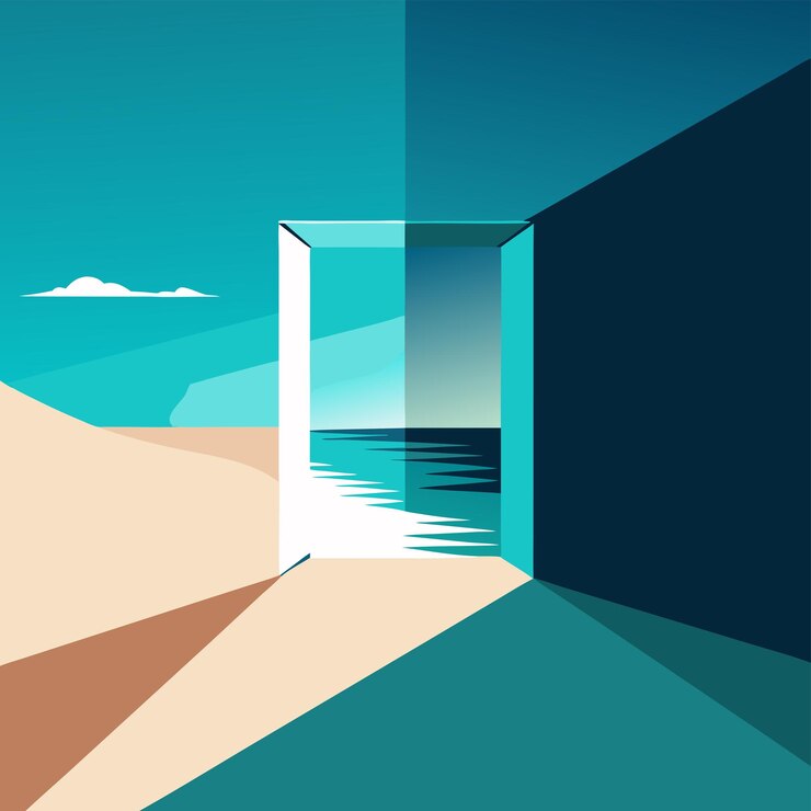 Vetor minimalista porta aberta para a praia de areia e mar turquesa