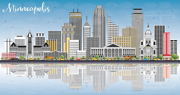 Minneapolis Minnesota EUA Skyline com edifícios de cor, céu azul e reflexões. Ilustração vetorial. Viagem de negócios e conceito de turismo com arquitetura moderna.