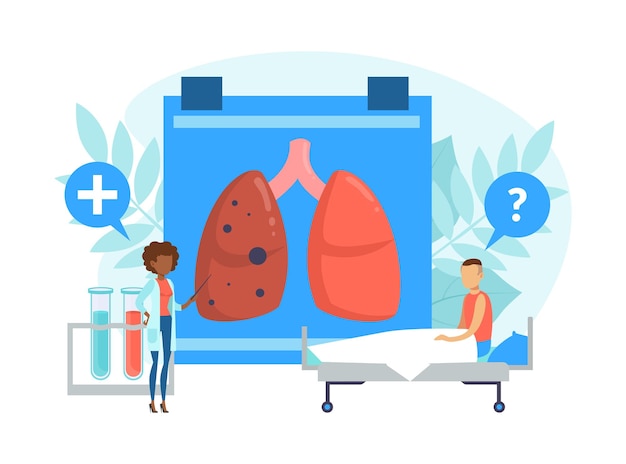 Vetor minúsculo médico examinando enormes pulmões humanos de doença do paciente e tratamento de órgão interno ilustração de vetor plano