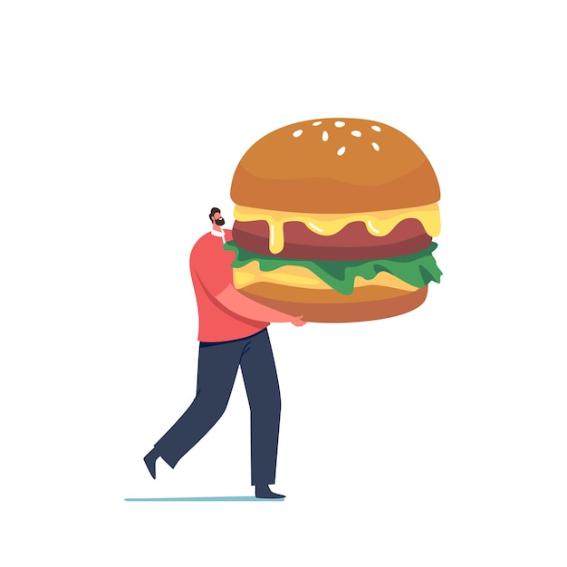 Minúsculo personagem masculino carrega um hambúrguer enorme isolado no fundo branco. Homem desfrutando de Fast Food, alimentação insalubre, Festival de Fastfood. Festa de churrasco com hambúrguer. Ilustração em vetor desenho animado
