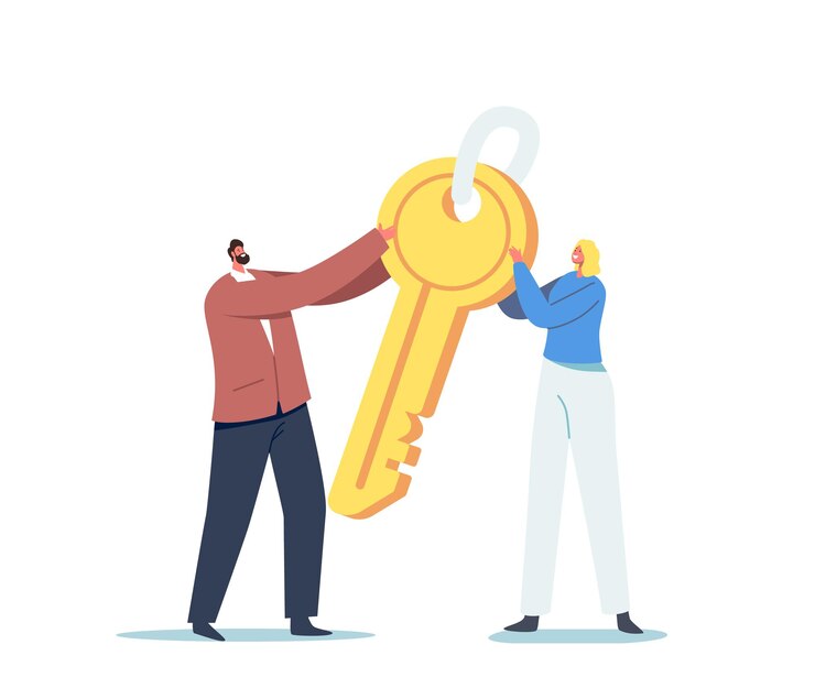 Vetor minúsculos personagens masculinos e femininos segurando uma enorme chave de ouro. motivação de negócios, solução de tarefa complicada, segurança ou oportunidade, segredo e conceito de criatividade. ilustração em vetor desenho animado