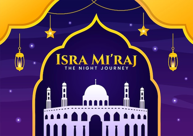 Miraj isra ilustração tradução a viagem noturna do profeta maomé com mesquita e lanterna