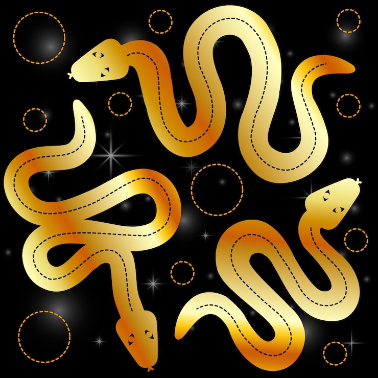Vetor místicas esotéricas, ocultas, mágicas, cobras sagradas em ouro.