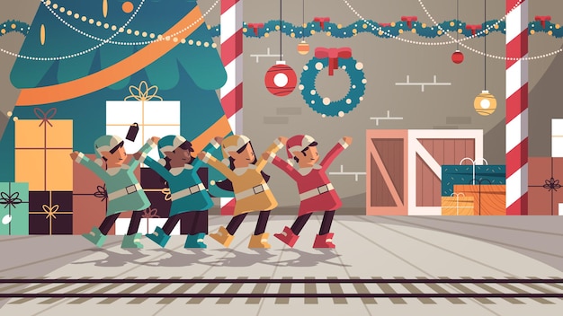 misture corrida de duendes uniformizados se divertindo com a equipe de ajudantes do papai noel celebrando o feliz ano novo, feliz natal, feriados, oficina moderna, interior, ilustração vetorial de corpo inteiro