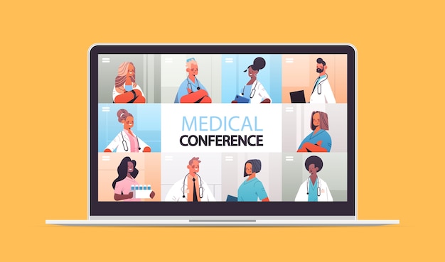 Misture médicos de corrida na tela do laptop tendo vídeo-conferência médica medicina saúde conceito de comunicação online retrato horizontal ilustração vetorial