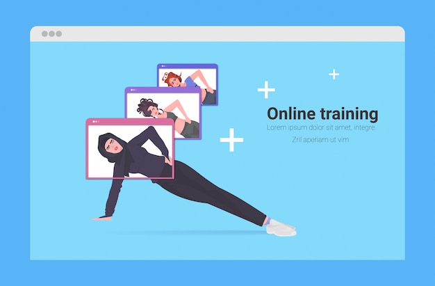 misture mulheres raça fazendo exercícios de fitness yoga treinamento on-line conceito de estilo de vida saudável meninas no navegador da web janelas malhando cópia espaço horizontal comprimento ilustração