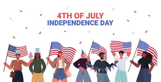 Misture pessoas da raça com chapéus festivos segurando bandeiras dos eua comemorando o dia da independência americana de 4 de julho