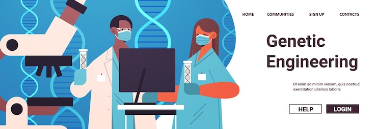 Vetor misture raça cientistas em máscaras trabalhando com dna em tubos de ensaio pesquisadores fazendo experimentos em laboratório testes de dna diagnóstico de engenharia genética