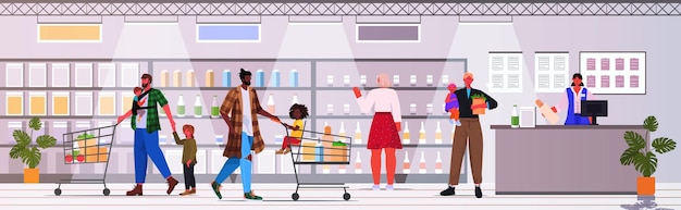 misture raça de pais e filhos comprando mantimentos no supermercado paternidade parentalidade conceito de compras mercearia interior horizontal