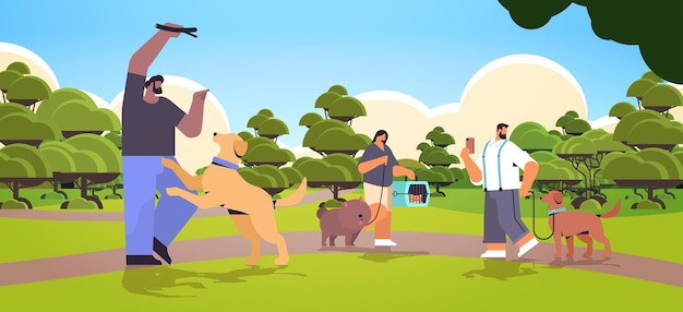 Misture raça pessoas caminhando com donos de cães e animais domésticos fofos se divertindo amizade com animais de estimação conceito paisagem fundo horizontal ilustração vetorial de comprimento total