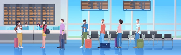 misture viajantes de corrida com máscaras de bagagem para evitar o interior do terminal do aeroporto de pandemia de coronavírus