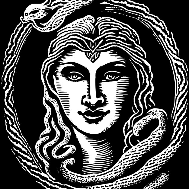 Vetor mitologia grega medusa desenhada à mão plana estilosa adesivo de desenho animado ícone conceito ilustração isolada