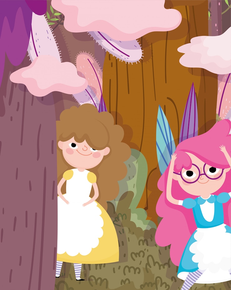 Vetor miúdas giras no desenho de folhagem da floresta, personagem de crianças