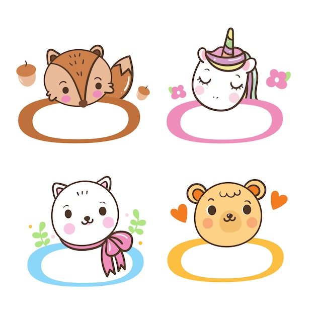 Vector a ilustração dos desenhos animados com gatos coloridos do kawaii  apropriados para o projeto ajustado da etiqueta do nome da criança, o nome  do rótulo e o conjunto de etiqueta imprimível