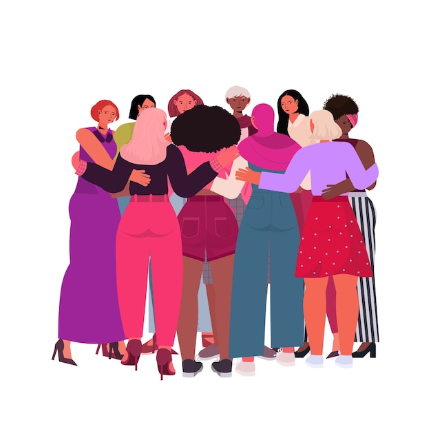 Vetor mix raça meninas se abraçando em pé juntas movimento de empoderamento feminino conceito de poder feminino isolado