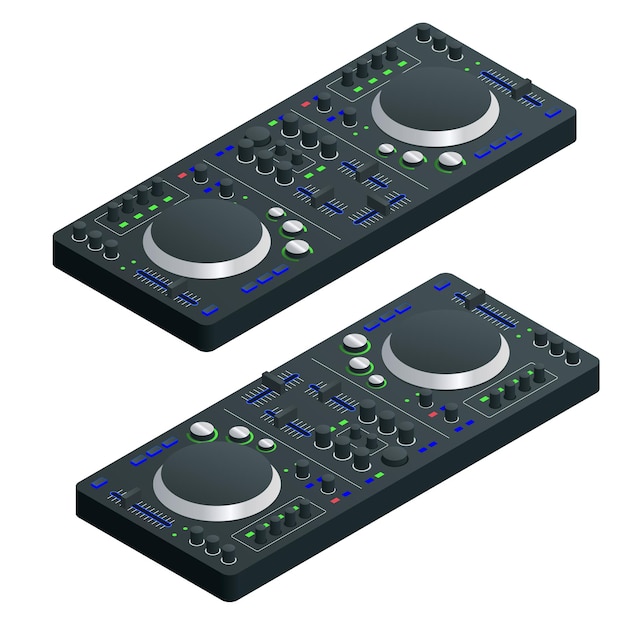Mixer de DJ preto isométrico completo com tocador de vinil e controle remoto. Ilustração vetorial.