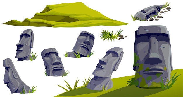 Vetor moai na ilha de páscoa na caverna esculturas de pedra de desenhos animados vetoriais isolados na montanha