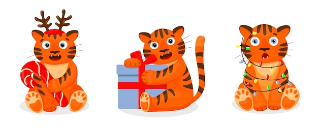 Mobilea conjunto de gatos tigre. desenhos animados ilustrações de natal