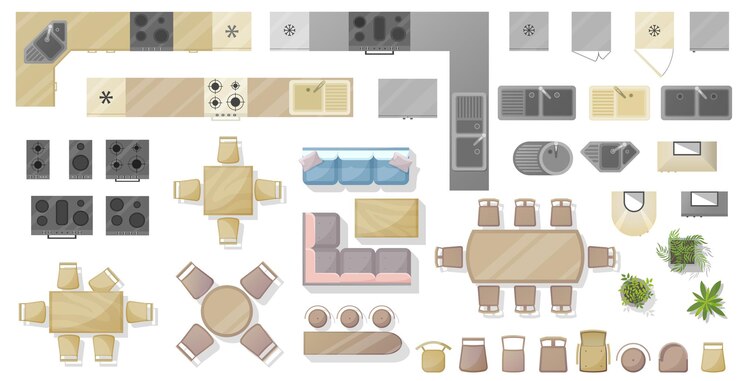 Vetor mobília. para cozinha e sala de jantar vista superior. conjunto de elementos para casa, apartamento, escritório. ícone interior, equipamentos, mesas, cadeiras, vista superior da pia. símbolo de mobiliário kit para design de interiores. vetor