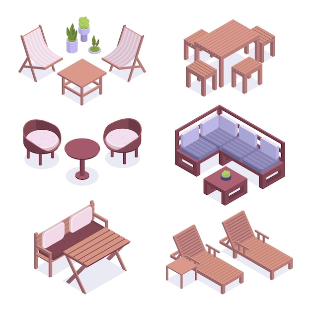 Vetor mobiliário de jardim mesa isométrica cadeiras banco e espreguiçadeira mobiliário de terraço ou quintal conjunto de ilustração vetorial 3d mobiliário de jardim confortável