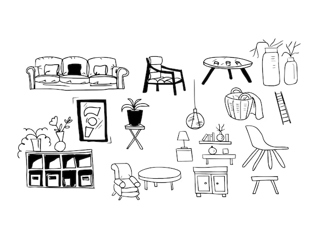 Mobiliário interior boho hugo estilo rabisco escandinavo esboçar elementos isolados em um branco