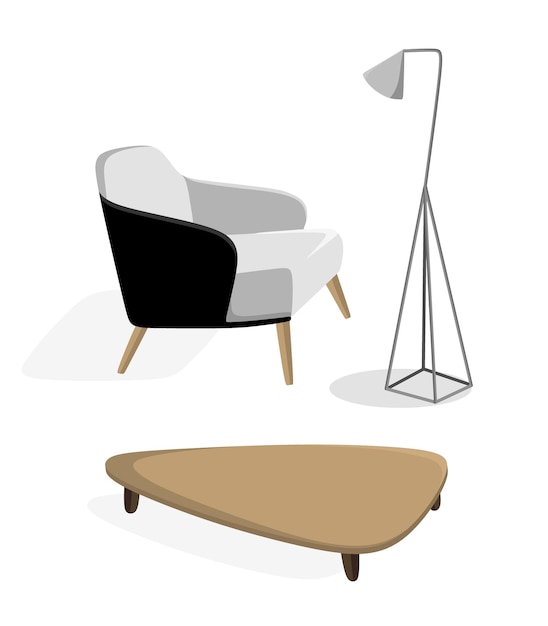 Mobiliário interior moderno conjunto poltrona lâmpada mesa de centro ilustração vetorial em estilo simples