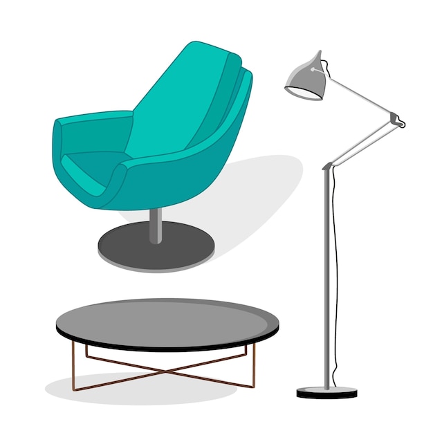 Mobiliário interior moderno conjunto poltrona lâmpada mesa de centro ilustração vetorial em estilo simples