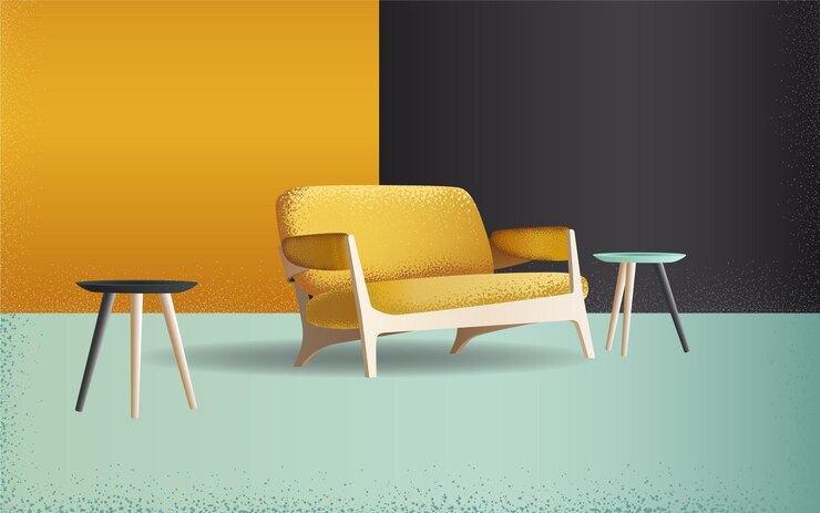 Vetor mobiliário sofá e cadeira amarelos design de interiores moderno ilustração vetorial de efeito de grão