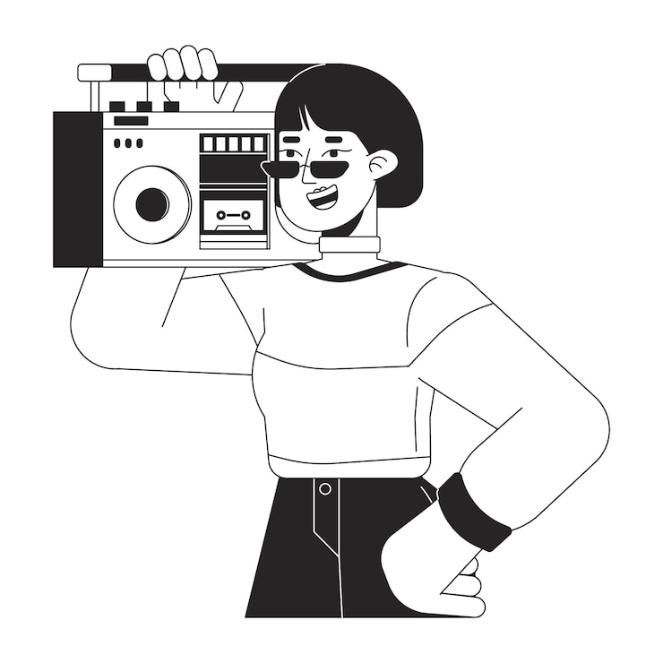 Vetor moça asiática legal carregando um boombox no ombro personagem de desenho animado em linha 2d preto e branco