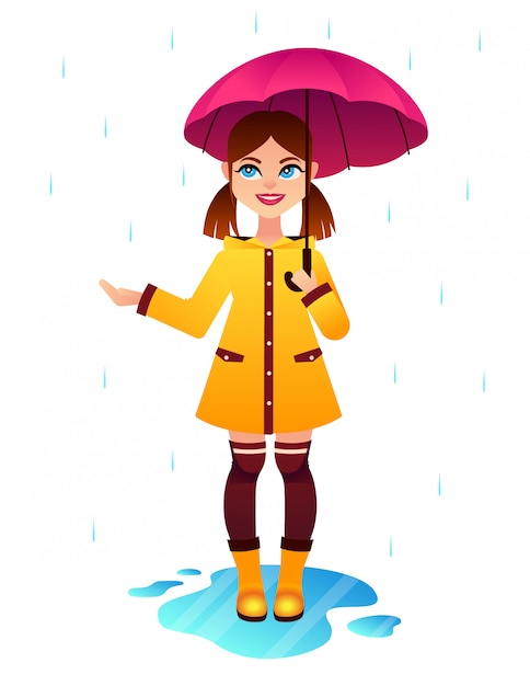 Vetor moça bonita feliz sob o guarda-chuva no tempo chuvoso.