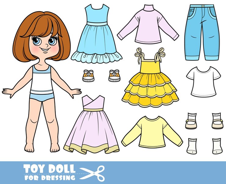 Vetor moça morena de desenho animado com bob curto e roupas separadas vestido de mangas longas vestido de sol jeans e botas