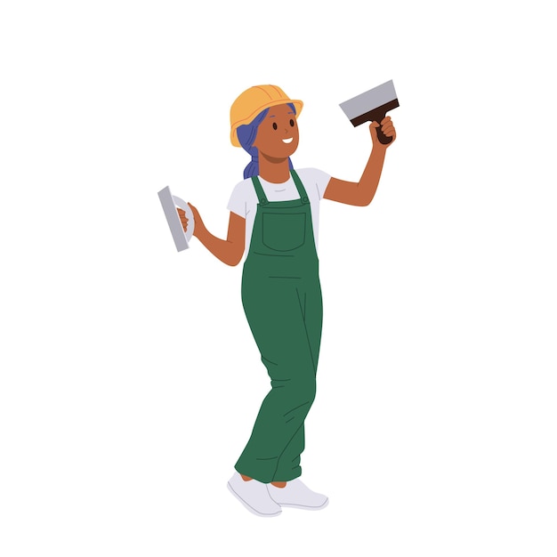 Moça pintora profissional gesso personagem de desenho animado trabalhando com ferramenta isolada em fundo branco