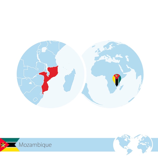 Moçambique no globo do mundo com bandeira e mapa regional de moçambique. ilustração vetorial.