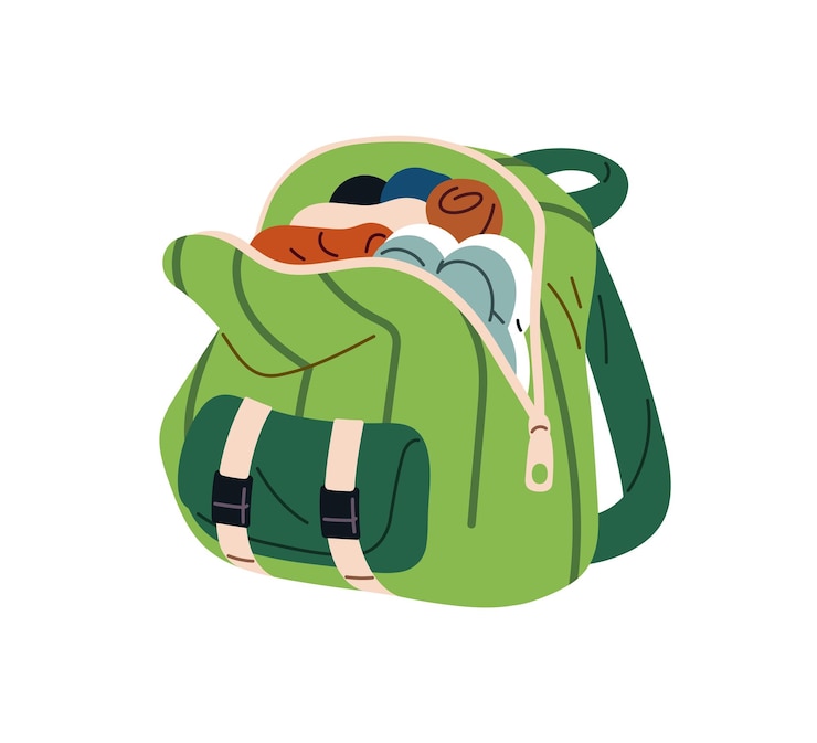 Vetor mochila aberta cheia de roupas para viagem de férias saco de caminhada com itens de viagem coisas bagagem transportar bagagem para viagem de viagem de vacações conceito de turismo ilustração de vetor isolado plano em branco