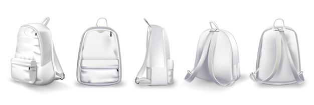 Vetor mochila branca de design de frente e de trás conjunto de mochila de faculdade ou escola