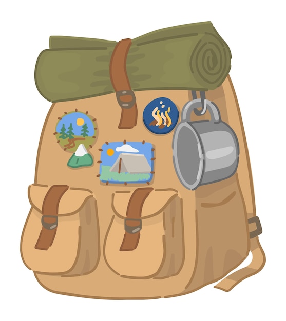 Vetor mochila de caminhada atributo de viagem aventura ao ar livre doodle isolado em branco ilustração de desenho animado