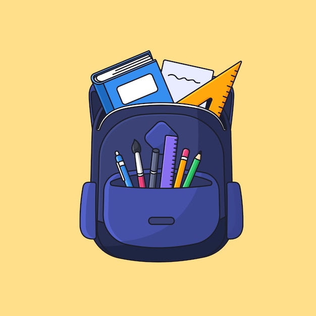 Vetor mochila de estudante com ferramentas de estudo completo vector a ilustração para volta às aulas conceito cartoon contorno estilo design plano