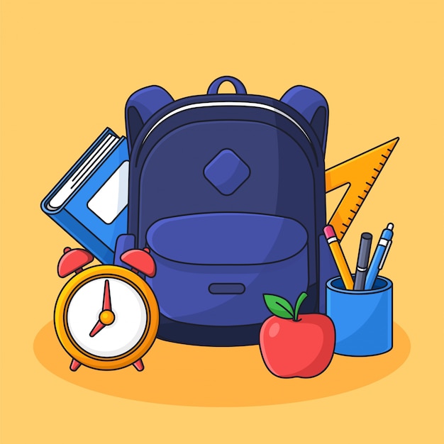 Mochila de estudante com ferramentas de estudo completo vector a ilustração para volta às aulas conceito cartoon contorno estilo design plano