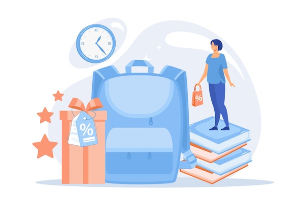 Mochila escolar, livros, comprador com sacola de compras e caixa de presente com etiqueta de porcentagem. de volta à escola