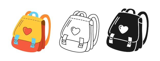 Mochila para crianças ícone da escola linha de desenho desenhada carimbo doodle conjunto de sinal bolsa estudante ou símbolo turístico