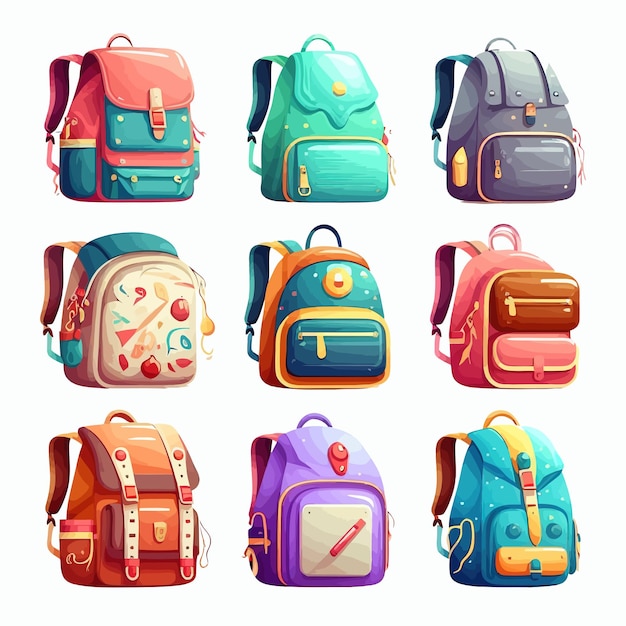 Mochilas escolares isoladas no fundo ilustração vetorial dos desenhos animados