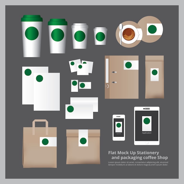 Vetor mock up flat artigos de papelaria e embalagens coffee shop