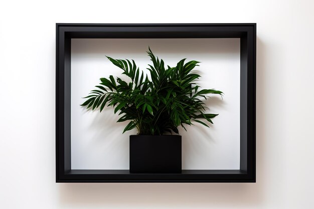 Mock up quadro preto com planta e galhos em uma prateleira ou mesa prateleira branca e parede quadro de retrato