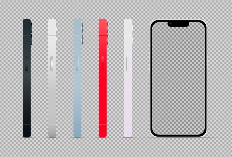 Vetor mockup 5 pcs smartphones modernos em modelos de cores diferentes para publicidade vetor premium